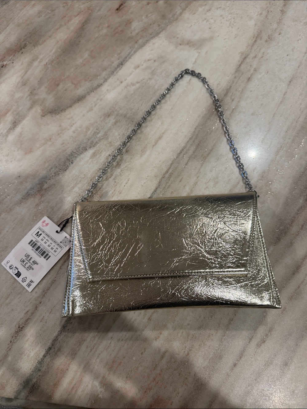 Zara Metallic Gold Envelope Clutch with Chain